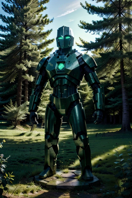 a stone golem stands tall in the middle of a green forest ,