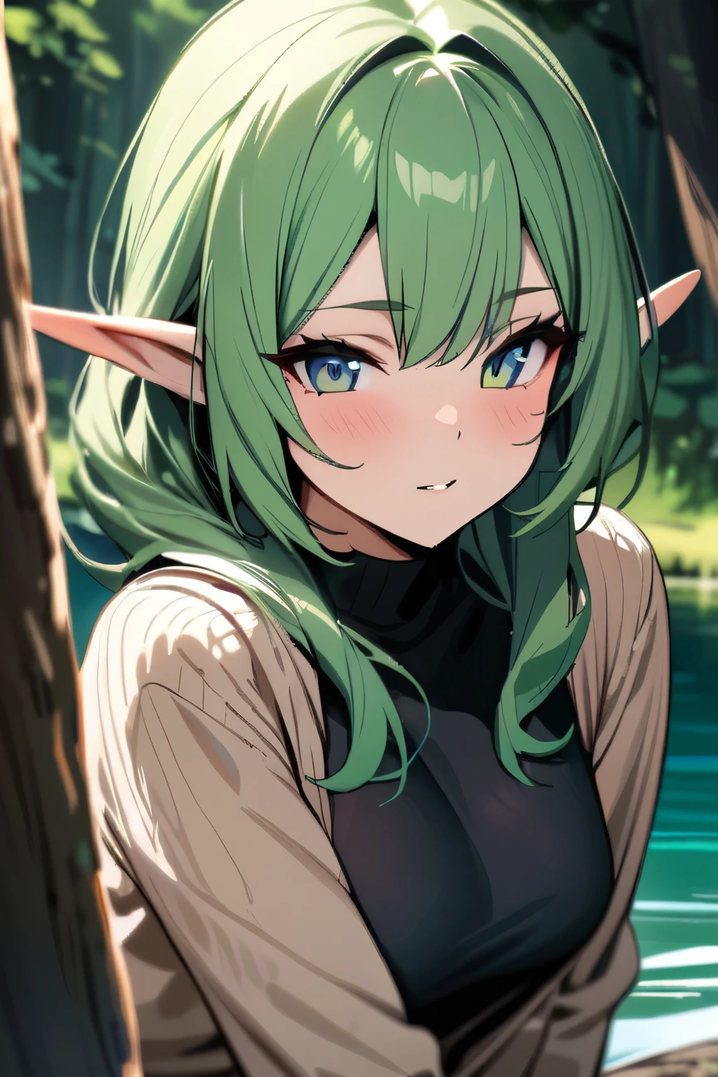 Masterpiece, best quality, beautiful girl, beautiful face, elf, green hair, forest, lake,