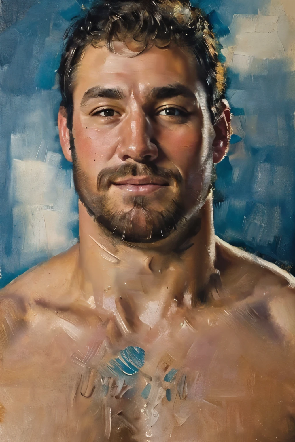 (bichu, oil painting, Impressionism) of (one male), (looking at viewer), (head shot:1.7) (portrait:1.7),
Very detailed manly face, heroic, detailed realistic open teal eyes, (muscular:1.5), (big muscles), (massive pecs), (hairy pecs), narrow waist and hips, (chocolate brown hair), (slight smile), (shirtless) (topless male). highly detailed, high quality, masterpiece
