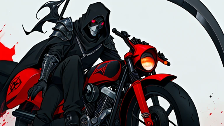 A man with black armor, a huge black scythe, skull mask with red eyes, on top of a dark motorcycle with cowgirls
