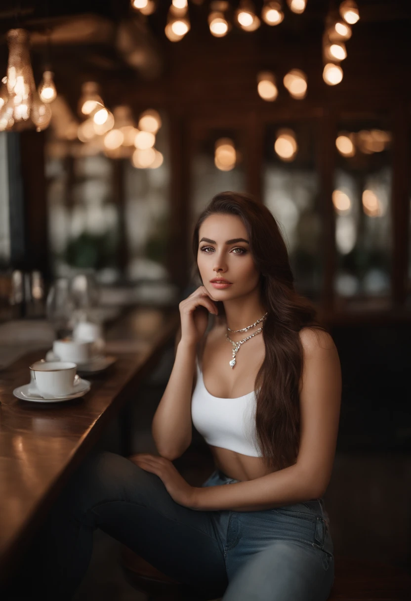 Arafed woman in white T-shirt and necklace, extremely tight clothing, sexy girl with brown eyes, portrait sophie mudd, brown hair and large eyes, selfie of a young woman, bedroom eyes, violet myers, no makeup, natural makeup, looking straight at camera, face with artgram, fine makeup, Stunning full-length shot, Piercing green eyes, beautiful angle, attractive pose, Sweet girl, sexy pose, full length image, full - body, shooting full body, Brunette goddess, high detail, Satisfied posture, leather pants, standing, outside, restaurant