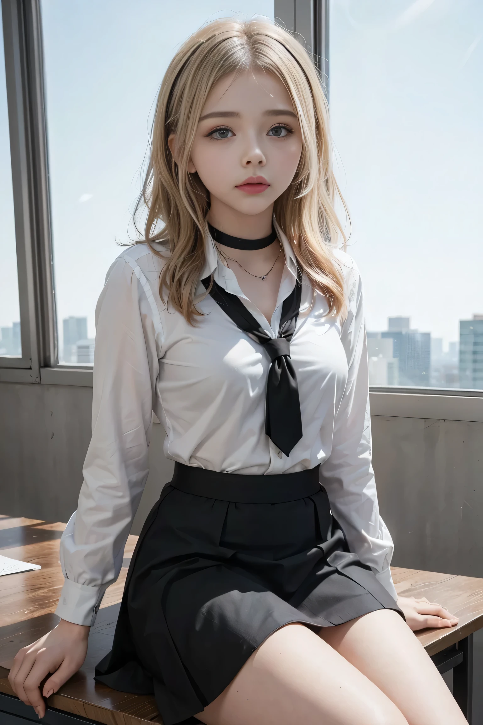 POV, Chloe Grace Moretz, School girl, white and black uniform, white and black skirt, black lace choker, looking at viewer, class room background, sitting on desk, seductive, 