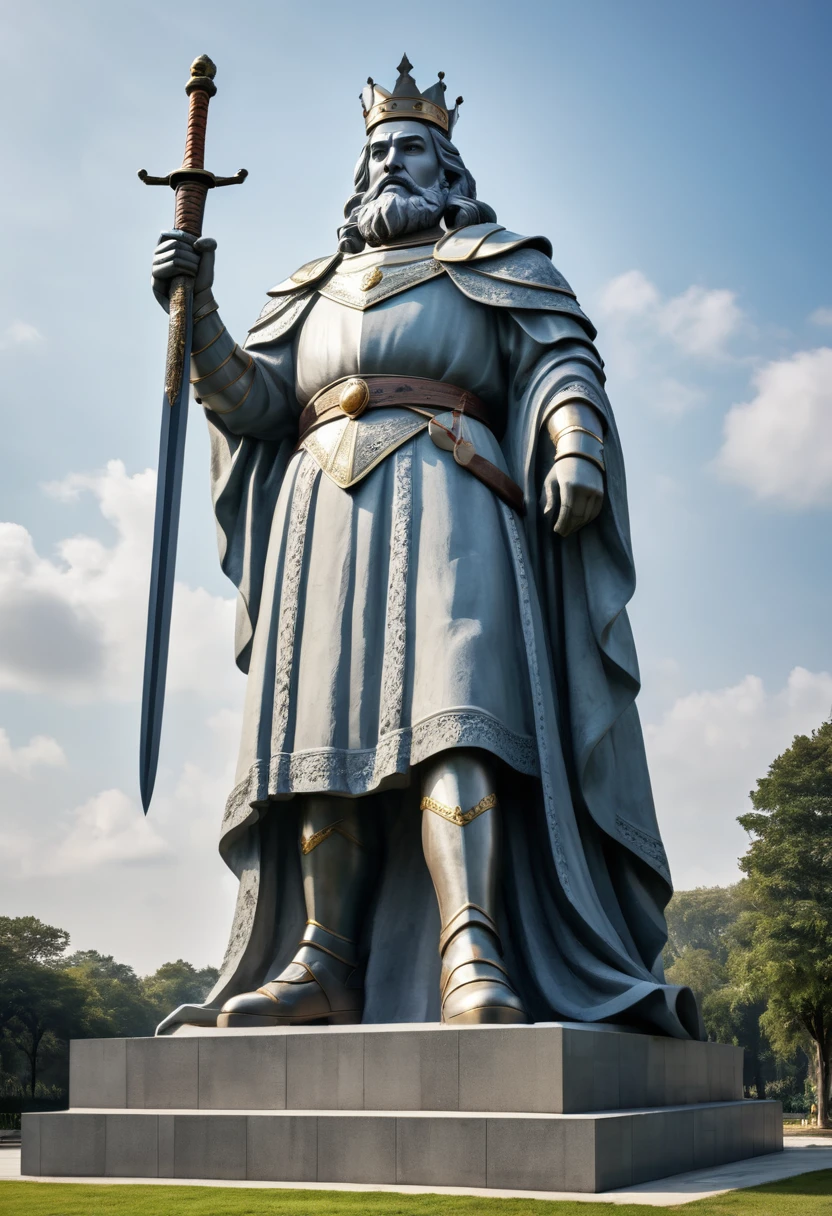Make a giant statue of a king with a sword in his hand in a square