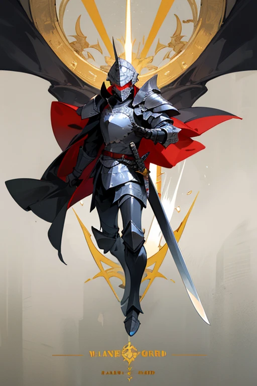 ((highest quality)), ((masterpiece)), (Familiar), One man,Fantasy,Black Knight,Full Body Armor,Full-face helmet,Black armor,大sword,Black Armor,Golden decoration,Red pattern,sword,Cape