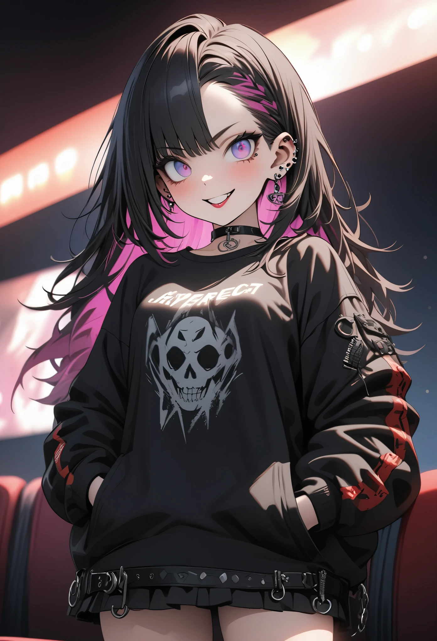(absurdres), 8k, ((masterpiece)), (hyper extreme detailed:1.2), solo, 1girl, (perfect face), portrait, expressive eyes, standing, (cute girl), (Vibrant Pose), perfect hands, glossy skin, (friendly), excited, punk rock, Long Hair, (Multicolored Hair), black choker, black lipstick, Piercings, Ear Piercings, Lip Piercings, (small breast), smile, street clothing, perfect anatomy, (hands in pockets), (graphic t-skirt), anatomically correct, cowboy shot, (in front of a movie theater),