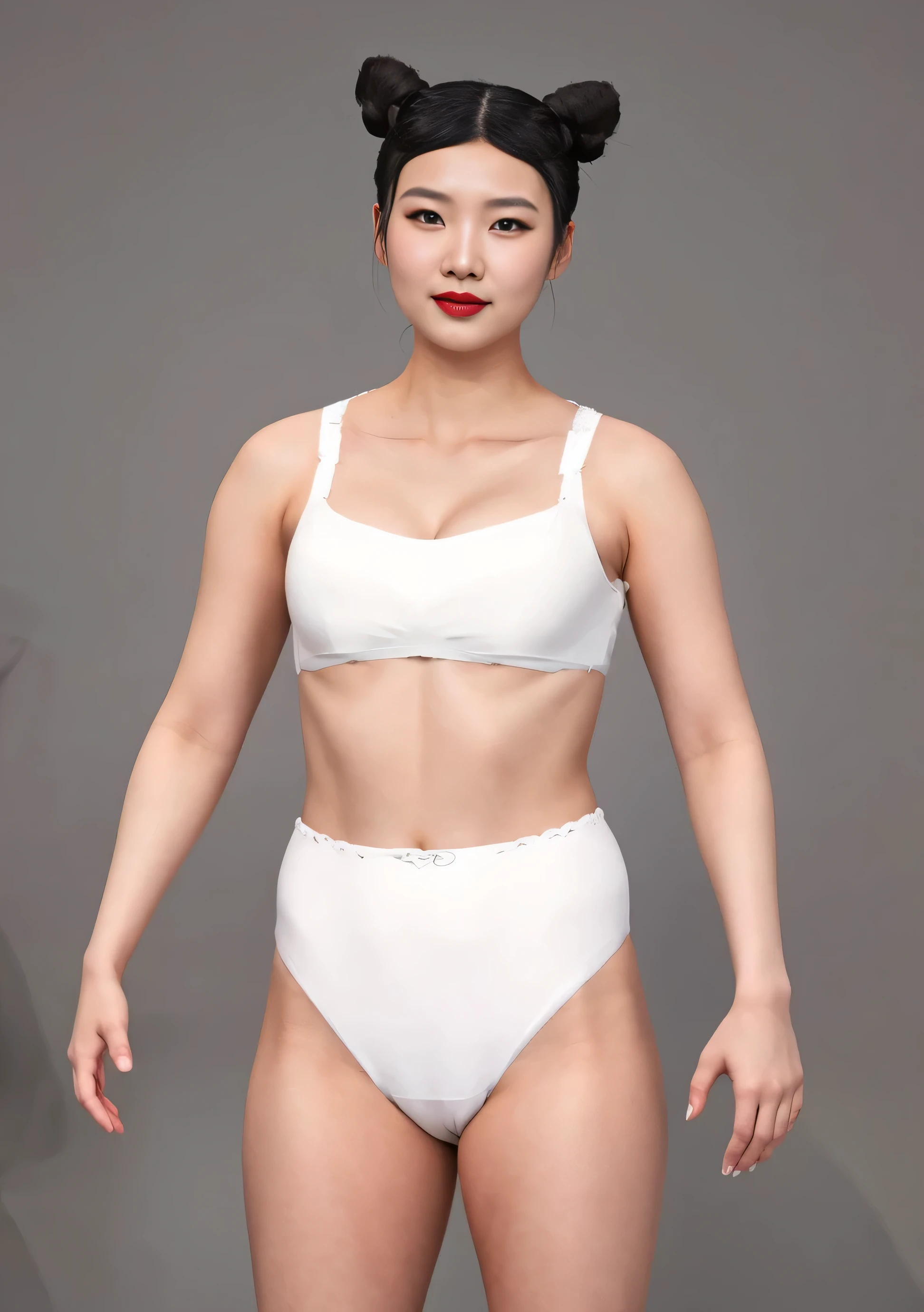 ((masterpiece, best quality)), ((((perfect anatomy)))), ((Chinese woman with black hair buns)), (30 year old), white bra, ((White high cut panties)), standing in front of a grey screen, smirking, dark makeup, red lipstick, grinning, ((photo realistic)),
