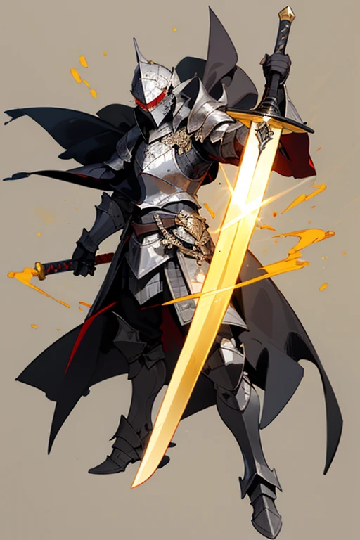 ((highest quality)), ((masterpiece)), (Familiar), One man,Fantasy,Black Knight,Full Body Armor,Full-face helmet,Black armor,大sword,Black Armor,Golden decoration,Red pattern,sword,Cape