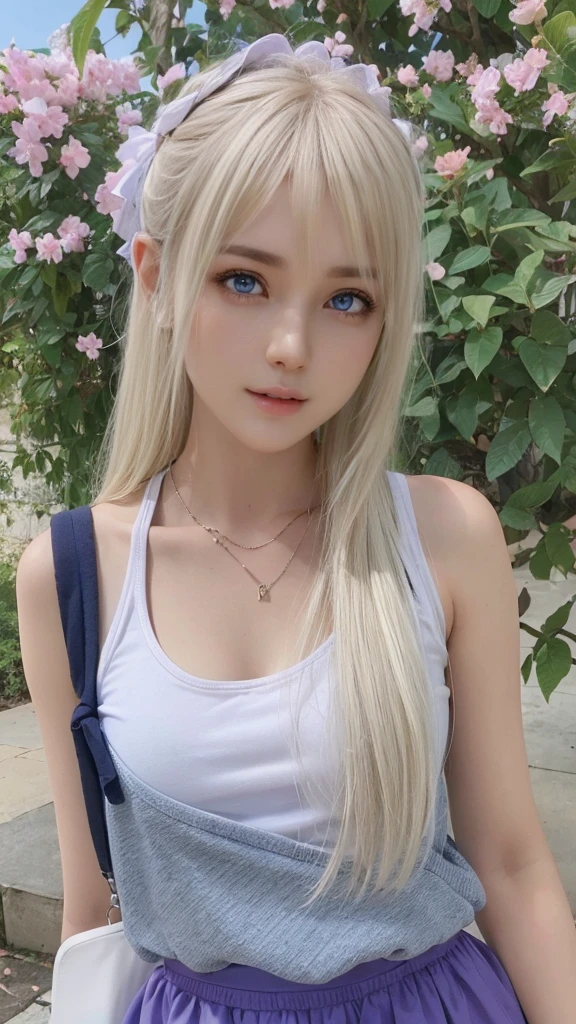 Portrait、School uniform、Bright expression、ponytail、Young shiny glossy white glossy skin、The best baby face looks、Blonde reflection、Platinum blonde hair with highlights、Shiny bright hair,、Smooth, super long, straight hair、Shiny, beautiful bangs、Sparkling, crystal clear, attractive, large, incredibly bright light blue eyes、Very beautiful, lovely and cute girl、Ample Bust