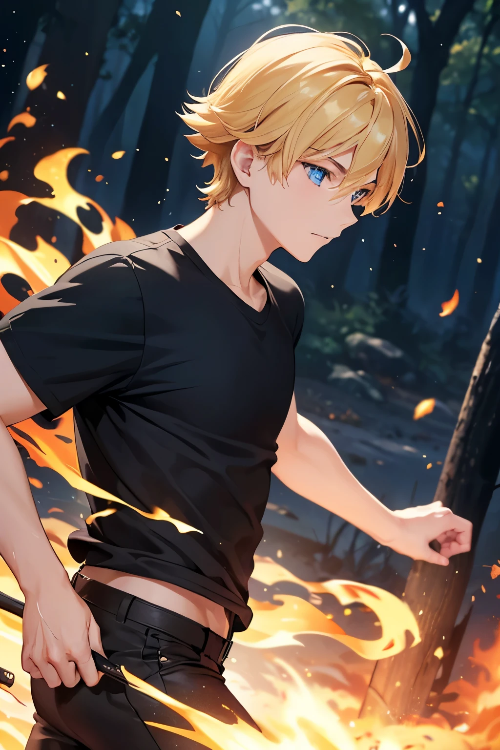 1boy,Prince,Running in a burning forest,Facing right, camera angle from the side, photo from the side, handsome, blonde hair, 22 years old, Black shirt,black trousers, short blonde hair, wavy hair, blue eyes, close up photo