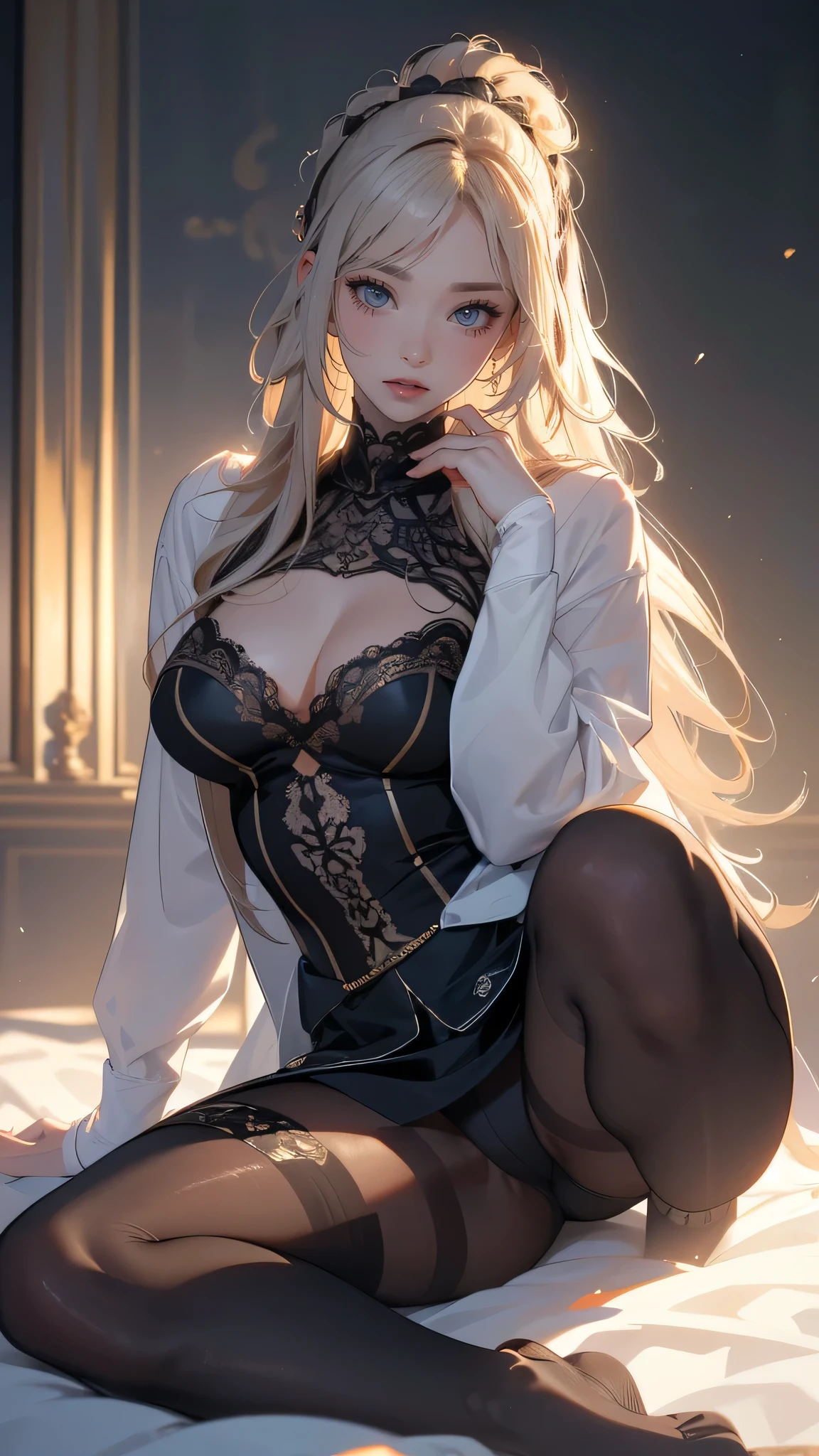 (random pose),(random hairstyle),(Highest image quality,(8K), Ultra-realistic, Best Quality, High quality, High Definition, high quality texture, high detailing, Beautiful detailed, fine detailed, extremely details CG, Detailed texture, realistic representation of face, masterpiece, presence),virgin destroyer sweater,black pantyhose,spread legs