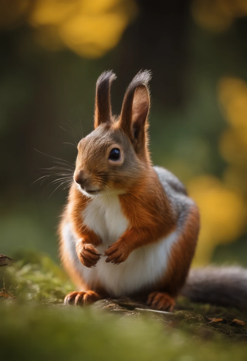 Wolpertinger aus Hase + Maus + Squirrel in bright colors in front of a mountain wall 