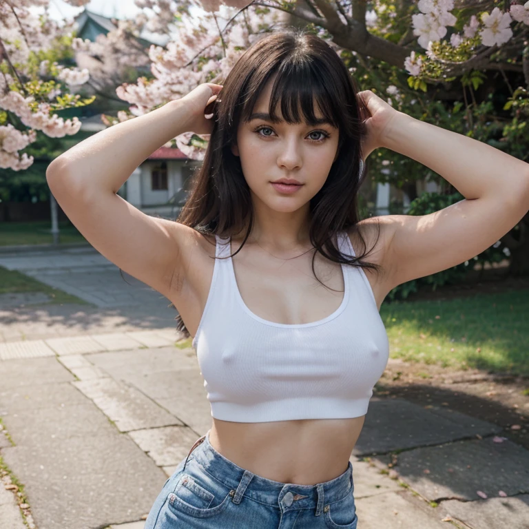 (masterpiece), best quality, expressive eyes, perfect face, (youthful pretty Czech 25 year old girl), eyeliner, glossy black hair with bangs, posing in front of cherry blossom tree, bright natural lighting,  body, wearing purple tank top, small breasts, white jean shorts, full body