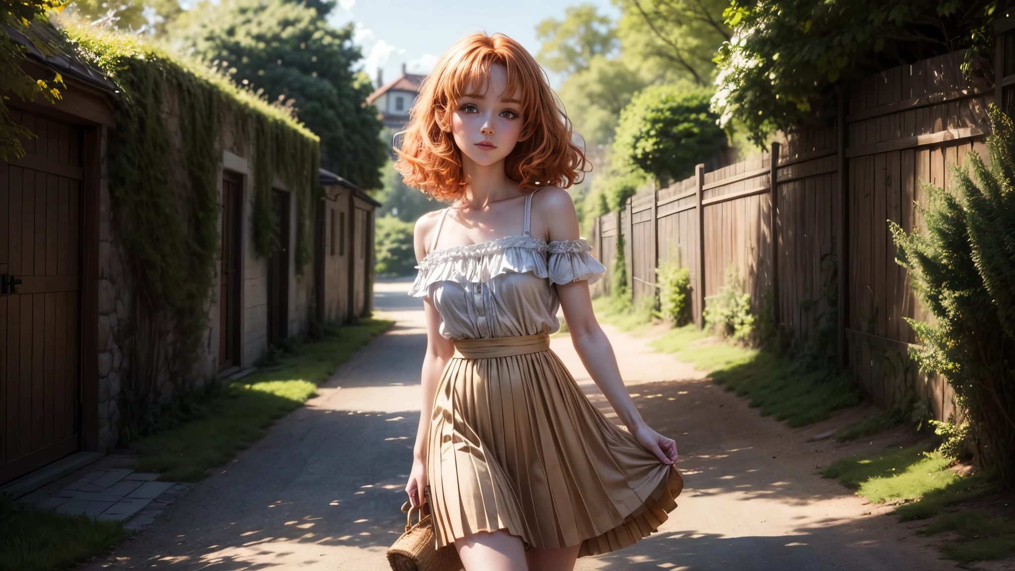 8k, masterpiece, ta, ginger hair, ginger eyebrows, she's looking at you, bare shoulders, delicate legs, plated skirt, looking at the viewer, Looks straight into your eyes, her gaze is directed at you, Sunlit, Frolicking happily, small smile, colorful Dress with skirt, Frickles, forrest on a windy day, sunlit day