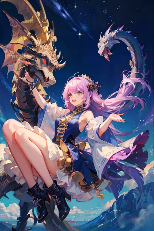 (best quality,ultra-detailed) A lucky sweet girl with floating hair shouting and singing with excitement while being carried in the air by her colorful pet Chinese dragon. (portraits,anime) The girl has vibrant, flowing hair that appears to defy gravity, with each strand beautifully detailed and realistically rendered. Her expressive face is filled with joy and enthusiasm, her eyes shining brightly with excitement and her lips forming a wide smile. She is wearing a charming outfit that complements her vibrant personality, with a mix of cute and stylish elements. The girl is surrounded by a whimsical and fantastical environment, with clouds and stars creating a dreamlike backdrop. The pet dragon is incredibly detailed, with intricate scales and vibrant colors that make it truly come to life. It proudly carries the girl through the air, with its wings outstretched and its body gracefully gliding through the sky. The scene is bathed in soft, warm sunlight, casting a gentle glow on the girl and her dragon, and creating a magical atmosphere.