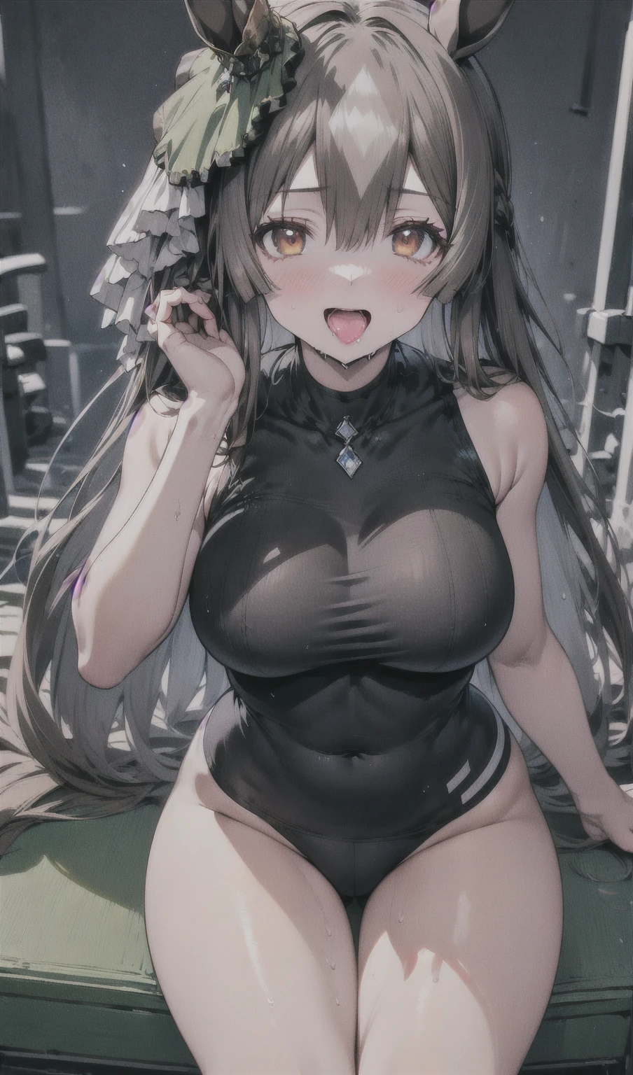 (((Satono Diamond,satono diamond \(umamusume\)))),(highest quality, 8k, masterpiece:1.3, One beautiful girl), bright、Vibrant colors、cute, dynamism, Detailed face, Detailed skin, Detailed clothing, Detailed fingers, Dynamic pose, Perfect Anatomy, Toned Legs, double eyelid, Round eyes, Moisturized lips, Sweaty, (Mouth wet with white drool), Ample and large breasts, Cowboy Shot, Ecstatic face
