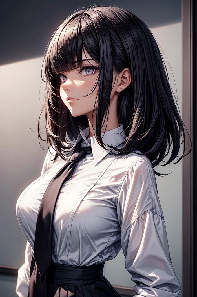 Upper body and head Look up Pay attention to the tall girl Extremely detailed Perfect female body One girl 20 years old Short black hair Unruly hair Long bangs Hair between the eyes Lightly twisting the hair next to the ear Black hair Handsome woman Smirking expression Delicate Arms Big breasts Dark purple eyes Necktie Working suit White shirt Light shines through Beautiful shadows 8K quality 3 Beautiful like wallpaper Top quality