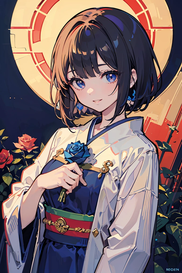 anime, (1 girl),Cowboy Shot, (super high quality),(Blue Rose Dress), Looking down, Half an eye,smile, masterpiece, A touching scene, Gorgeous Background,Warmth, Oiran , Black Hair, Shiny Hair, whole body, Warmthのある色調を放つ太陽の光, Perfect body, (E Cup:1.2), Fresh, (Asymmetrical bangs:1.3), Highly detailed face and eyes, Perfect Lips, SF, Digital Art, beautiful, Cinema Lighting, tonalism, Romanticism, modern art, Impressionism, reflected light, 8k, masterpiece, Advanced Details, highest quality, Accurate