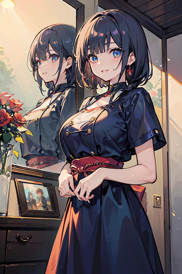 anime, (1 girl),Cowboy Shot, (super high quality),(Blue Rose Dress), Looking down, Half an eye,smile, masterpiece, A touching scene, Gorgeous Background,Warmth, Oiran , Black Hair, Shiny Hair, whole body, Warmthのある色調を放つ太陽の光, Perfect body, (E Cup:1.2), Fresh, (Asymmetrical bangs:1.3), Highly detailed face and eyes, Perfect Lips, SF, Digital Art, beautiful, Cinema Lighting, tonalism, Romanticism, modern art, Impressionism, reflected light, 8k, masterpiece, Advanced Details, highest quality, Accurate