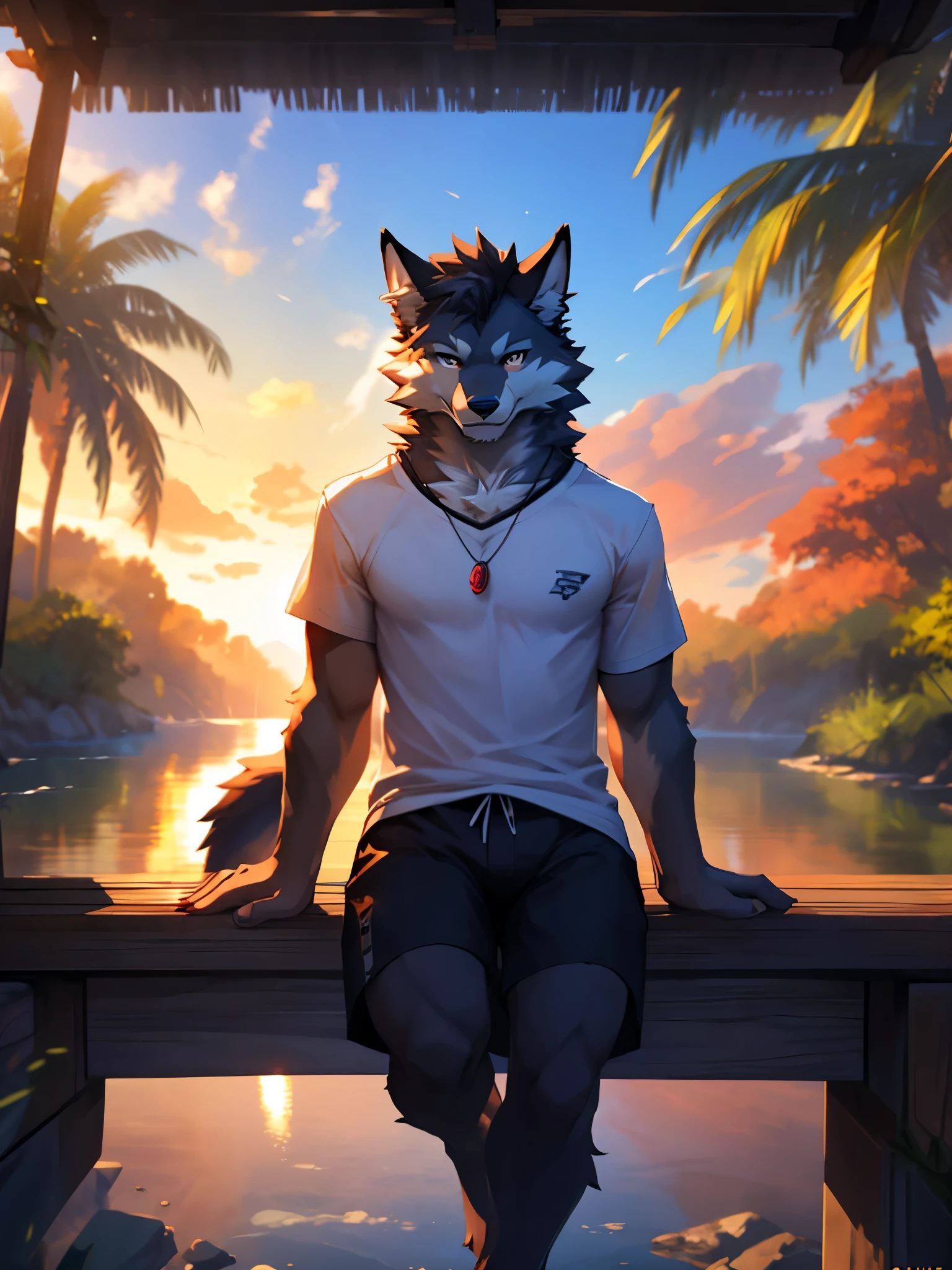 posted on e621, (by Chunie), male, Wolf anthro, Solo, (Realistic eye details 1.2), wearing a white t-shirt, black shorts, anime character, anime - style picture of one people sitting on a dock, very very beautiful furry art, commission for high res, afternoon hangout, pov furry art, furry art!!!, commission for, fursona art, commission art, anthro art, furry art, watching the sunset, commission on furaffinity, commission, oc commission, fursona furry art commission, slim body, full body like, in a panoramic view, masterpiece, Abstract beauty, ultra detailed face, depth of field, motion blur, high details, high quality, award winning, HD, 16k, (best quality,4k,8k,highres,masterpiece:1.2),ultra-detailed,realistic:1.37,HDR,UHD,studio lighting,extreme detail description,professional,vivid colors,bokeh,lively atmosphere, natural lighting