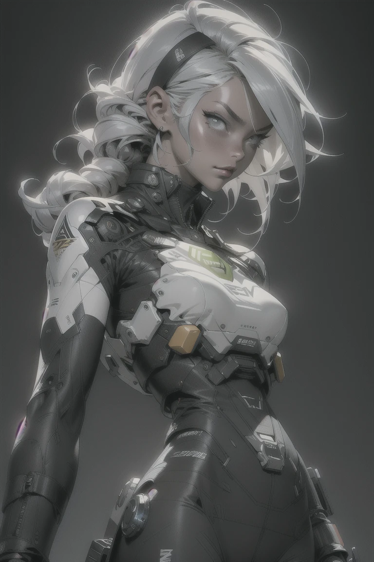 Beautiful cybernetic girl detailed muscles realistic masterpieces full figure pose (best quality,ultra-detailed), white hair in ponytail, fair skin, fit body, slim figure, narrow waist, (cocky expression), black carbon fiber cybernetic mobile combat suit