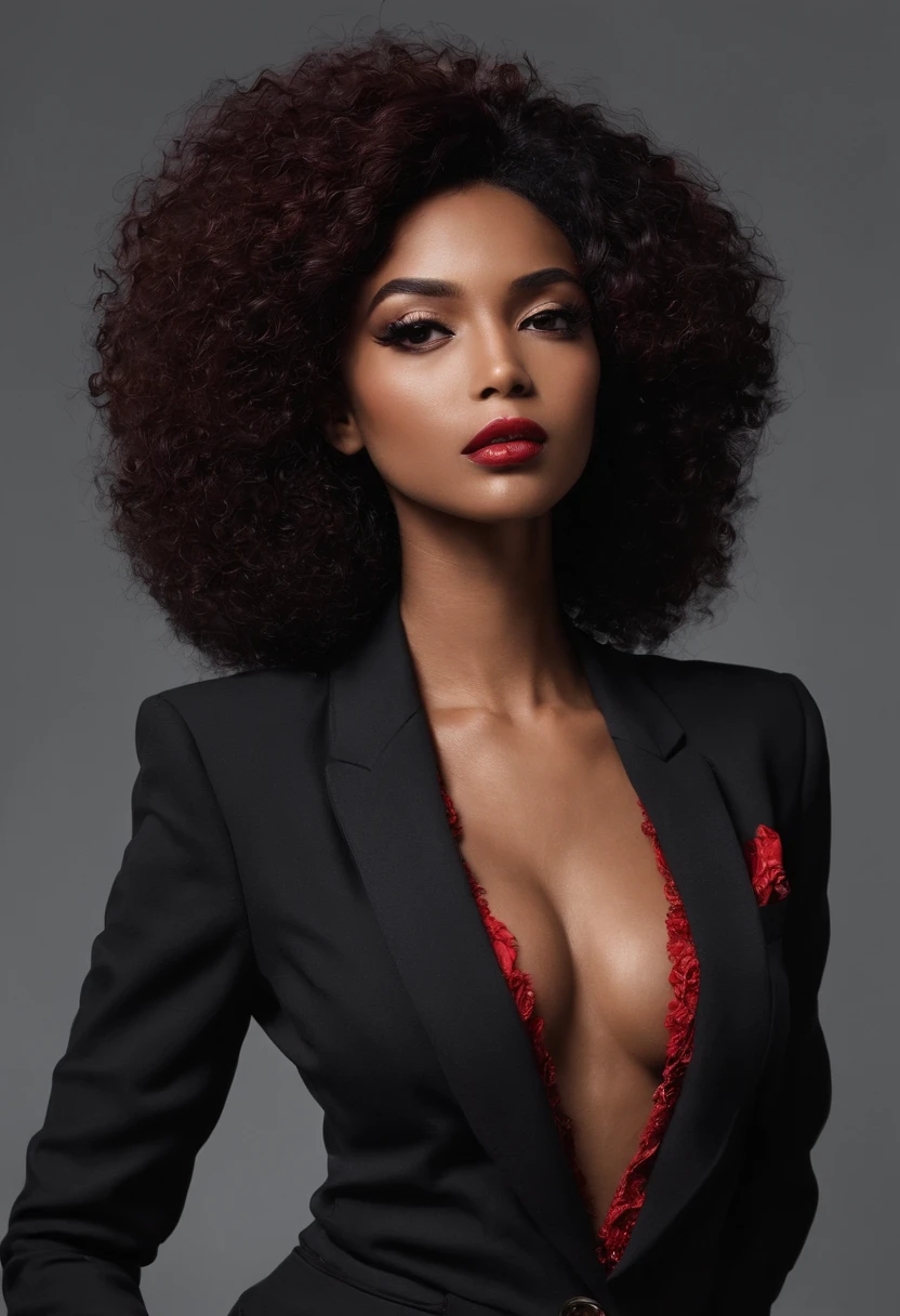 Beautiful woman Ebitimi wearing black dresig boobs))), (((cleavage))), usando blazer, mulher negra africana, mulher vermelha bonita, beleza estonteante, mulher deslumbrante, cabelo ondulado, mulher africana, na cama pelada