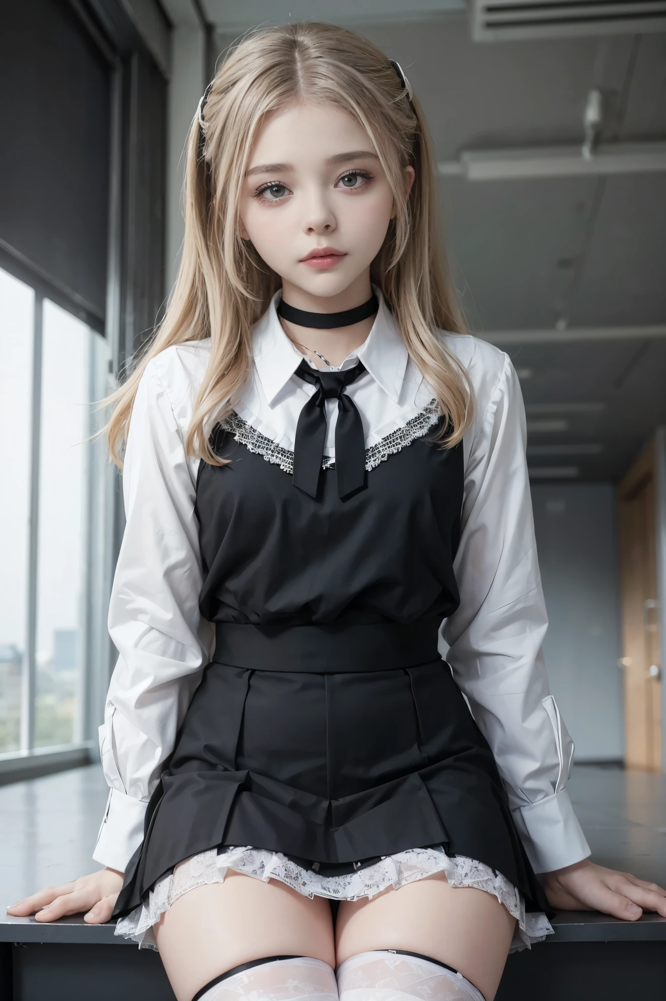 POV, Chloe Grace Moretz, School girl, white and black uniform, white and black skirt, black lace choker, white lace thigh highs, looking at viewer, class room background, sitting on desk, seductive, dark eyeliner, sexy eyeliner, 