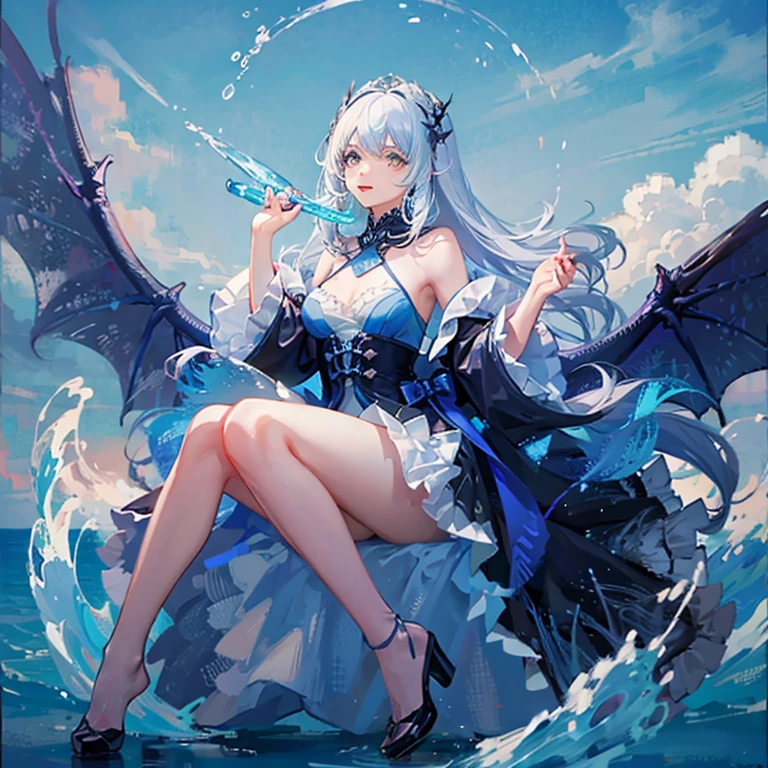 (highres,ultra-detailed,photorealistic:1.2),beautiful vibrant colored dragon,strong powerful wings,shiny scales,rainbow shimmer,Chinese-style,carrying excited happy girl,beautiful flowing white hair,flying underwater,playful,girl shouting with joy,sunlight filtering through water,watery environment,sparkling bubbles,dreamy atmosphere,glowing corals,soft rays of light,streaks of color,fantastical surreal scene,blue and green color palette,peaceful and enchanting,stunning ethereal beauty,calm and serene,blissful moment