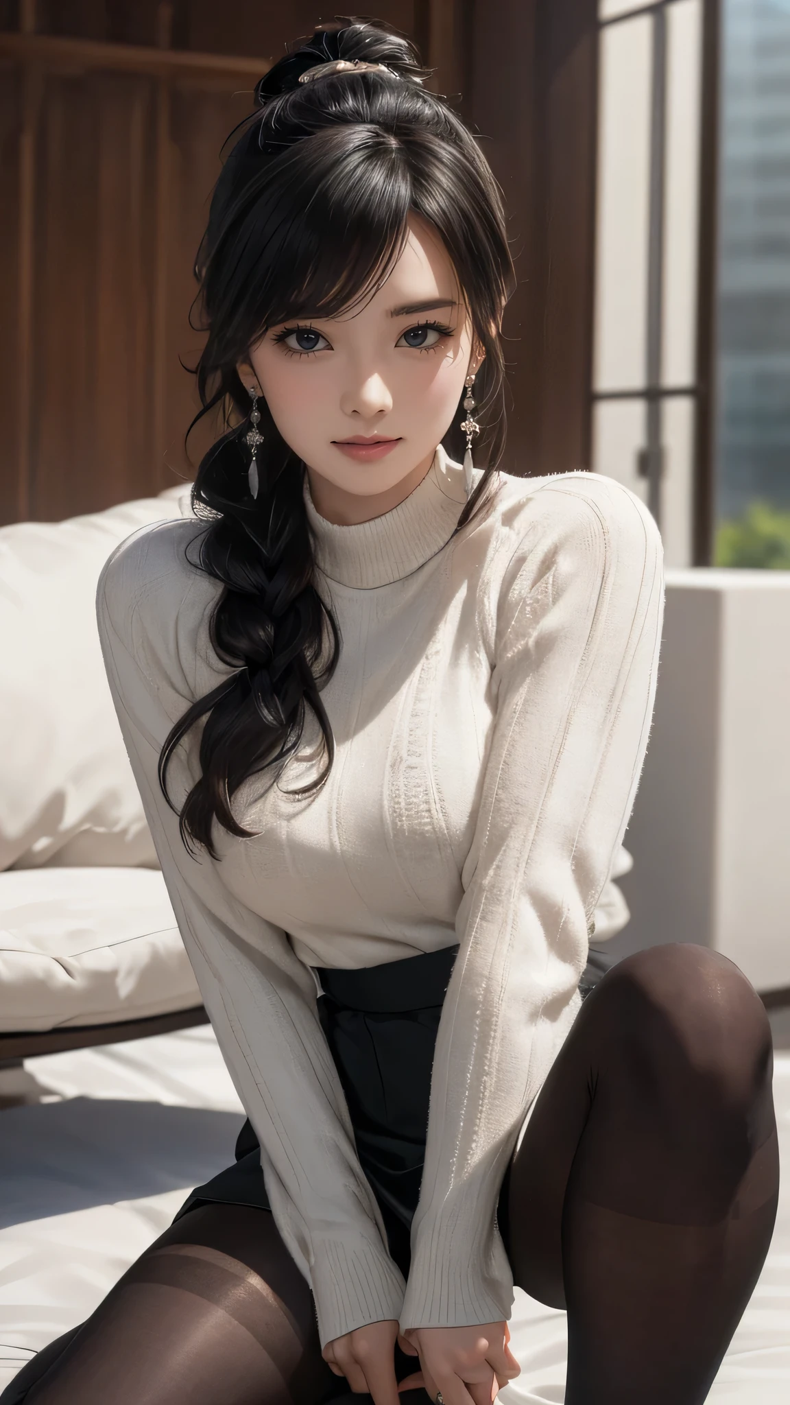 (random pose),(random hairstyle),(Highest image quality,(8K), Ultra-realistic, Best Quality, High quality, High Definition, high quality texture, high detailing, Beautiful detailed, fine detailed, extremely details CG, Detailed texture, realistic representation of face, masterpiece, presence),virgin destroyer sweater,black pantyhose,spread legs