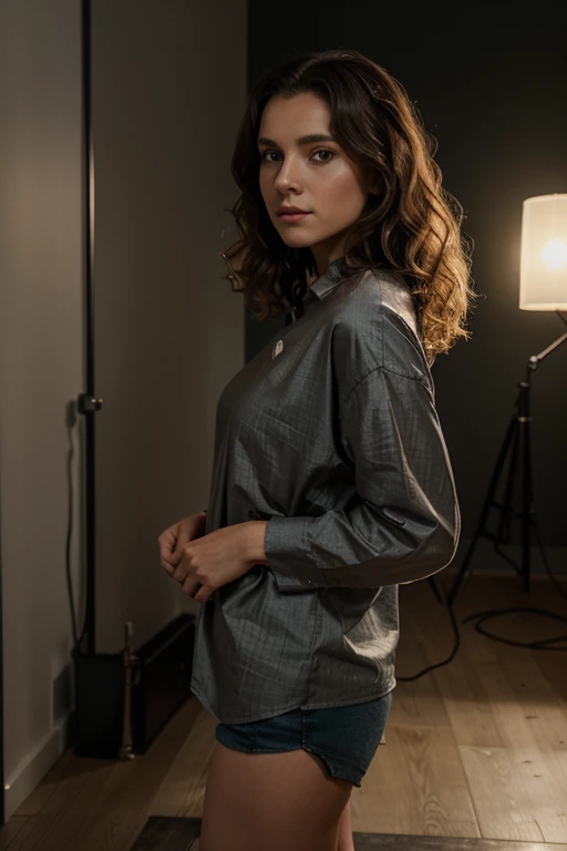 Location: Stilvolles Loft, Outfit: Oversized-Shirt, Make-up und Haare: natural make-up, unordentliche Locken, Beleuchtung: Weiches, diffuses Licht von Lampen mit Dimmer, Posing: Casual, but still seductive poses, Accessoires: Ein kunstvoll drapiertes Tuch, Emotionen und Ausdruck: Selbstbewusstsein, Sinnlichkeit, Fotograf: Creative professional with a focus on urban aesthetics, Bearbeitung: Subtle adjustments for a classy look.