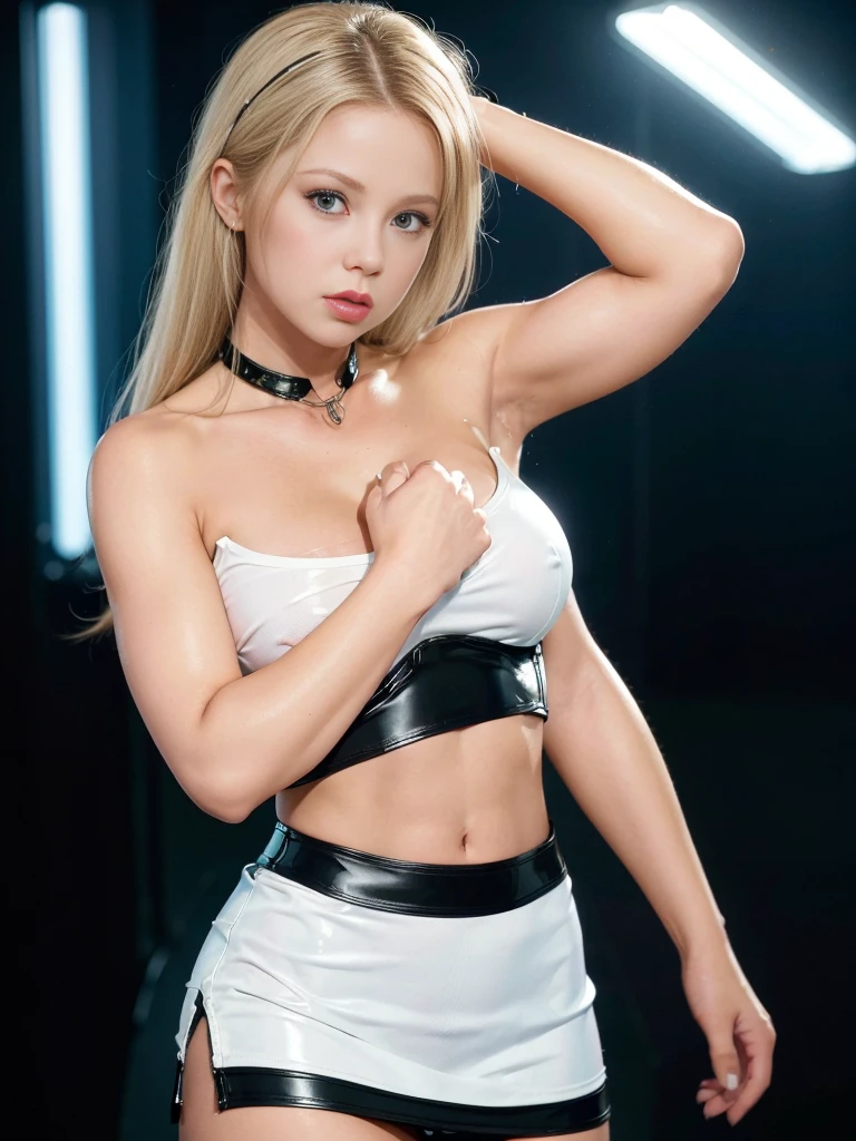 hyper realistic, 16k, best quality, masterpiece, (photorealistic:1.4), 1girl (alone), solo. Pretty young. pale-blond hair (realistic texture). turquoise-blue eyes, pele-white skin, illuminated skin, realistic shading, white shirt with collars, (latex) black mini-skirt, black pantyhose (transparent), waist up, dramatic lighting, from below, front view, multiple different poses at different angles, glowing skin, front, back lighting, athletic figure, muscular female, curvy, wide hips, colorful, looking at viewer, Hyperrealistic, gradient background, dark background, outline, cinematic lighting, (chromatic aberration, intricate details)