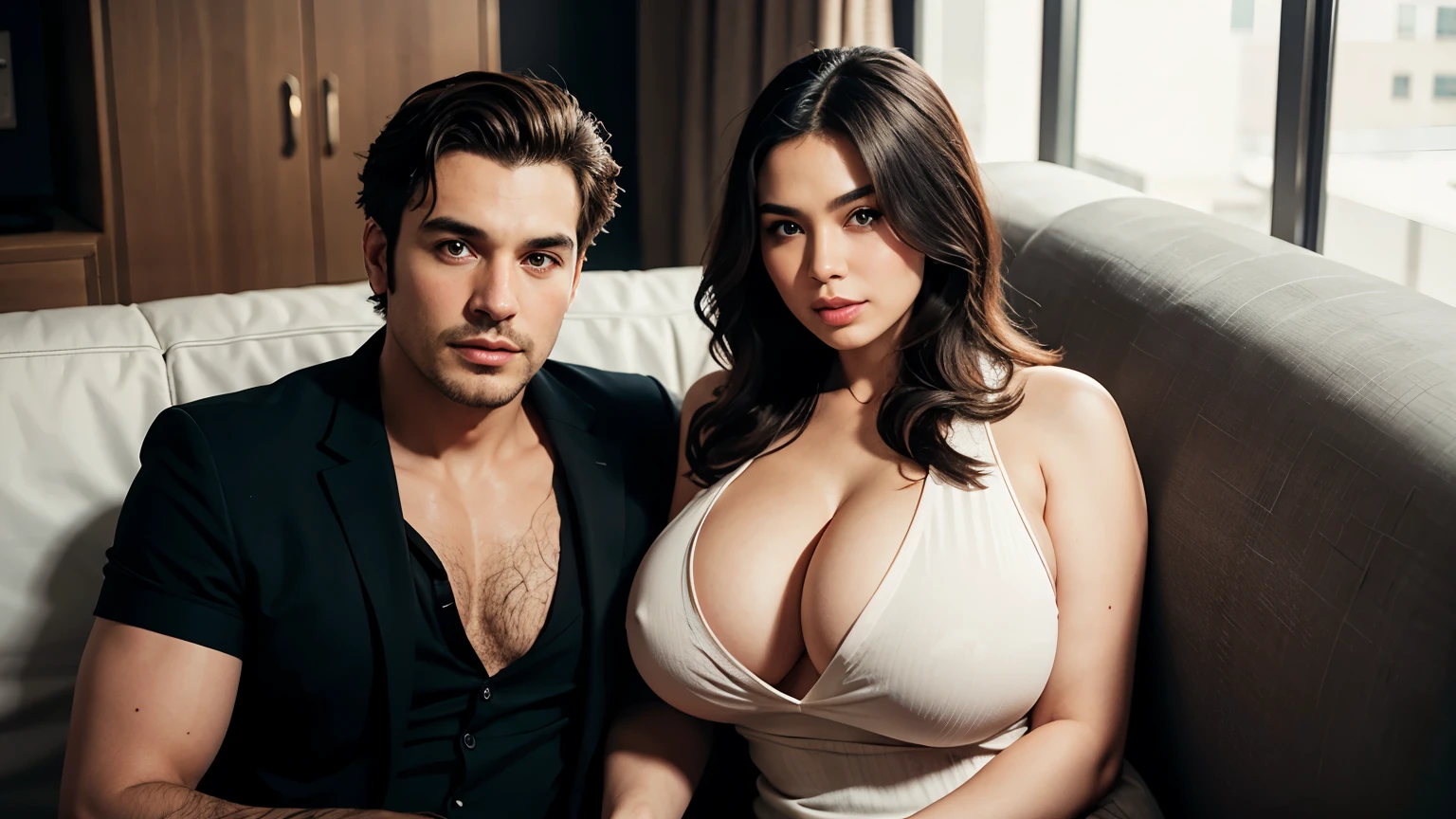 ultra-rich looking man sitting next to a woman with big breasts and cleavage