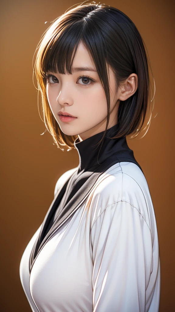 highest quality, masterpiece, Highly detailed background,Beautiful woman, 8k, highest quality, masterpiece, 超A high resolution, photograph, Beautiful Japanese Woman(comfortable:1.1) , Grace, good, Beautiful Face, Gradient lighting, One Girl, Delicate skin, Looking into the distance, Brown eyes, Short hair with bangs, (Large Breasts:1.0), (Central areola:0.8), (Realistic:1.4), (highest quality:1.0), (超A high resolution:1.0), 8k, RAWphotograph, (masterpiece:0.2), (Pyros Face_v1:0.5), contrast trim polo neck