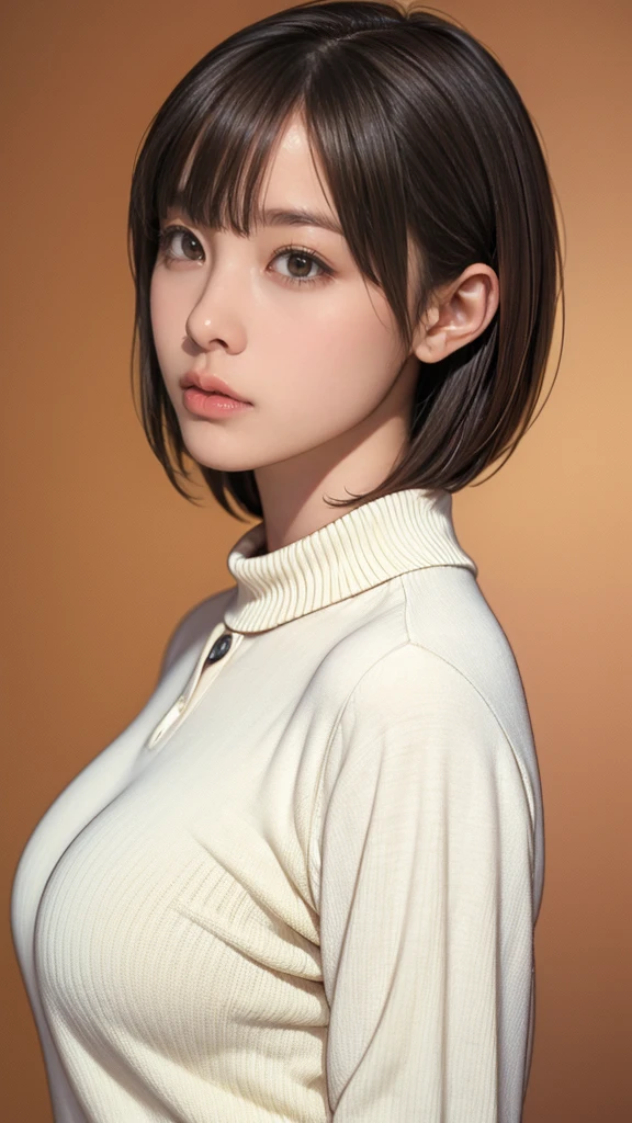 highest quality, masterpiece, Highly detailed background,Beautiful woman, 8k, highest quality, masterpiece, 超A high resolution, photograph, Beautiful Japanese Woman(comfortable:1.1) , Grace, good, Beautiful Face, Gradient lighting, One Girl, Delicate skin, Looking into the distance, Brown eyes, Short hair with bangs, (Large Breasts:1.0), (Central areola:0.8), (Realistic:1.4), (highest quality:1.0), (超A high resolution:1.0), 8k, RAWphotograph, (masterpiece:0.2), (Pyros Face_v1:0.5), contrast trim polo neck