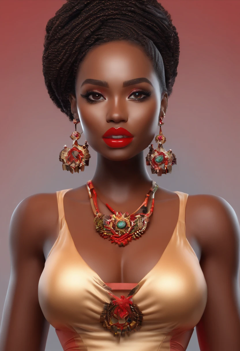 Beautiful woman Ebitimi wearing red dresig boobs))), (((cleavage))), vestido ornamentado vermelho, mulhee negra africana, mulher vermelha bonita, usando um vestido africano, beleza estonteante, mulher deslumbrante, Tema vermelho cabelo ondulado, mulher africana
