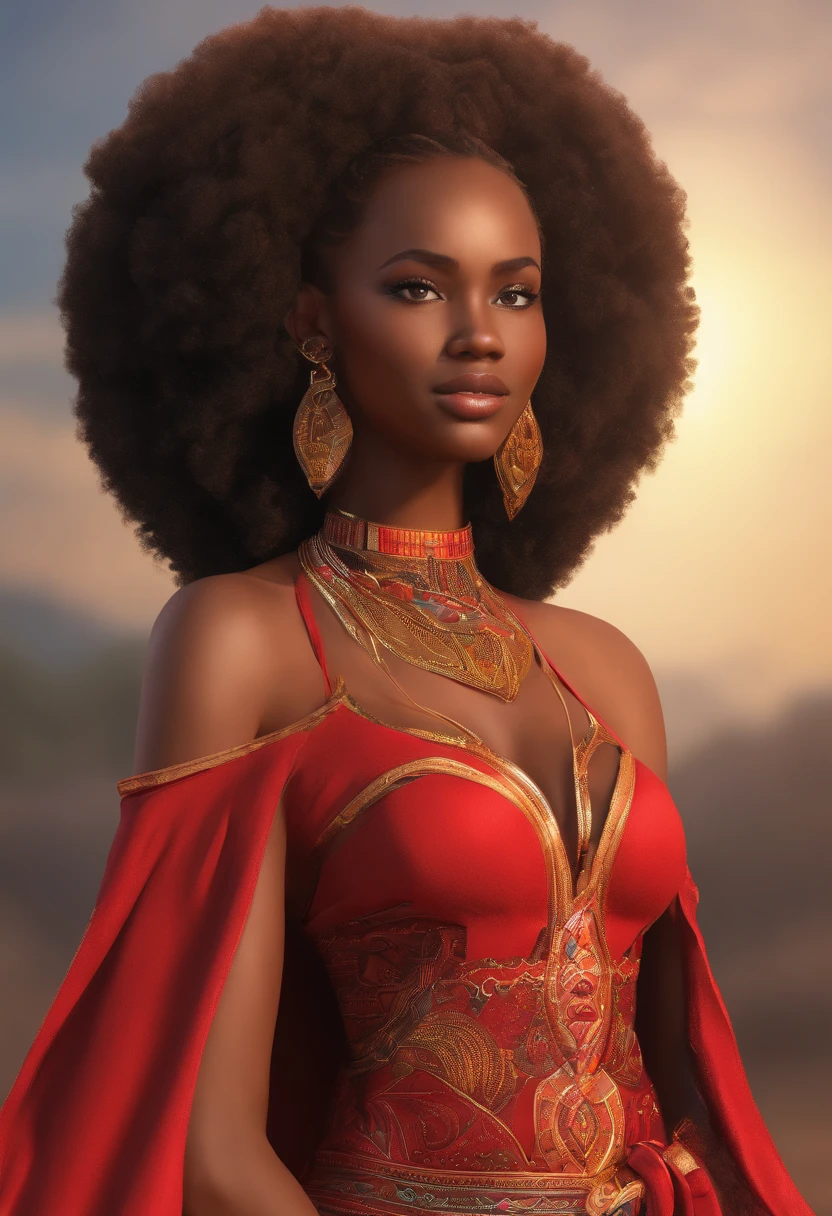 Beautiful woman Ebitimi wearing red dresig boobs))), (((cleavage))), vestido ornamentado vermelho, mulhee negra africana, mulher vermelha bonita, usando um vestido africano, beleza estonteante, mulher deslumbrante, Tema vermelho cabelo ondulado, mulher africana
