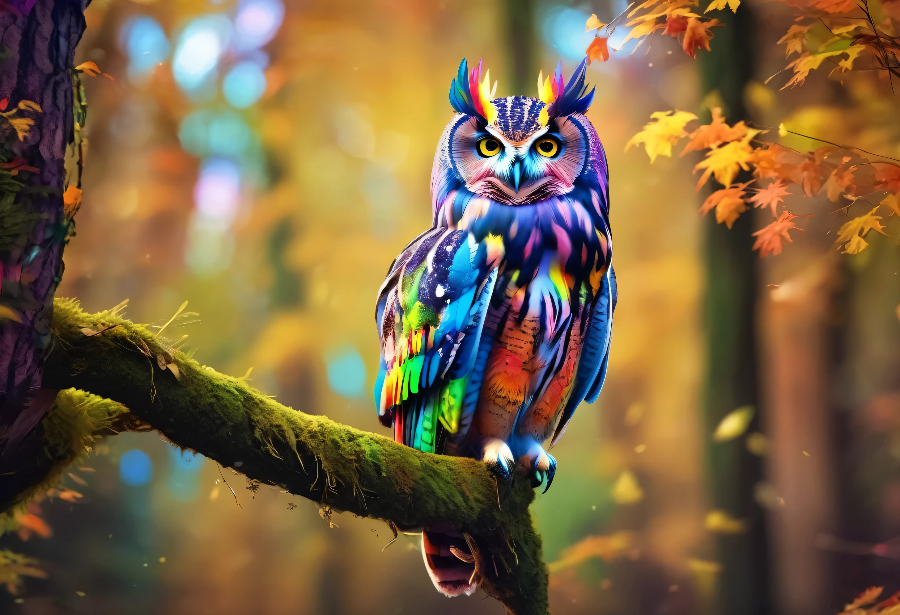 One beautiful owl, high resolution, high quality, master piece, cute photo, 8K, rainbow color, in the forest, realistic photos,