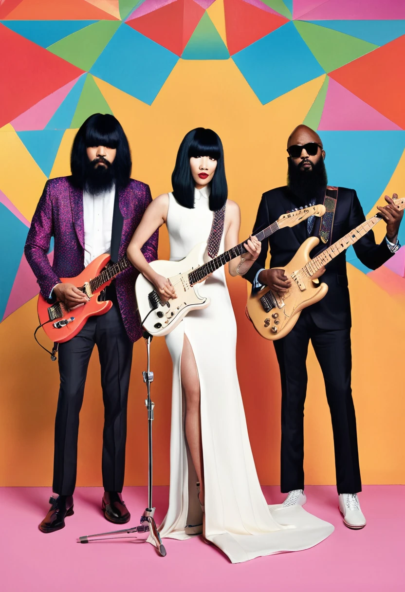 Draw me Khruangbin, the music band, composed of Mark Speer a white male guitarist with long black wig, Laura Lee a white woman bassist with long black wig, and Donald Johnson a black man bearded bald drummer without wig. They are playing a show on stage.