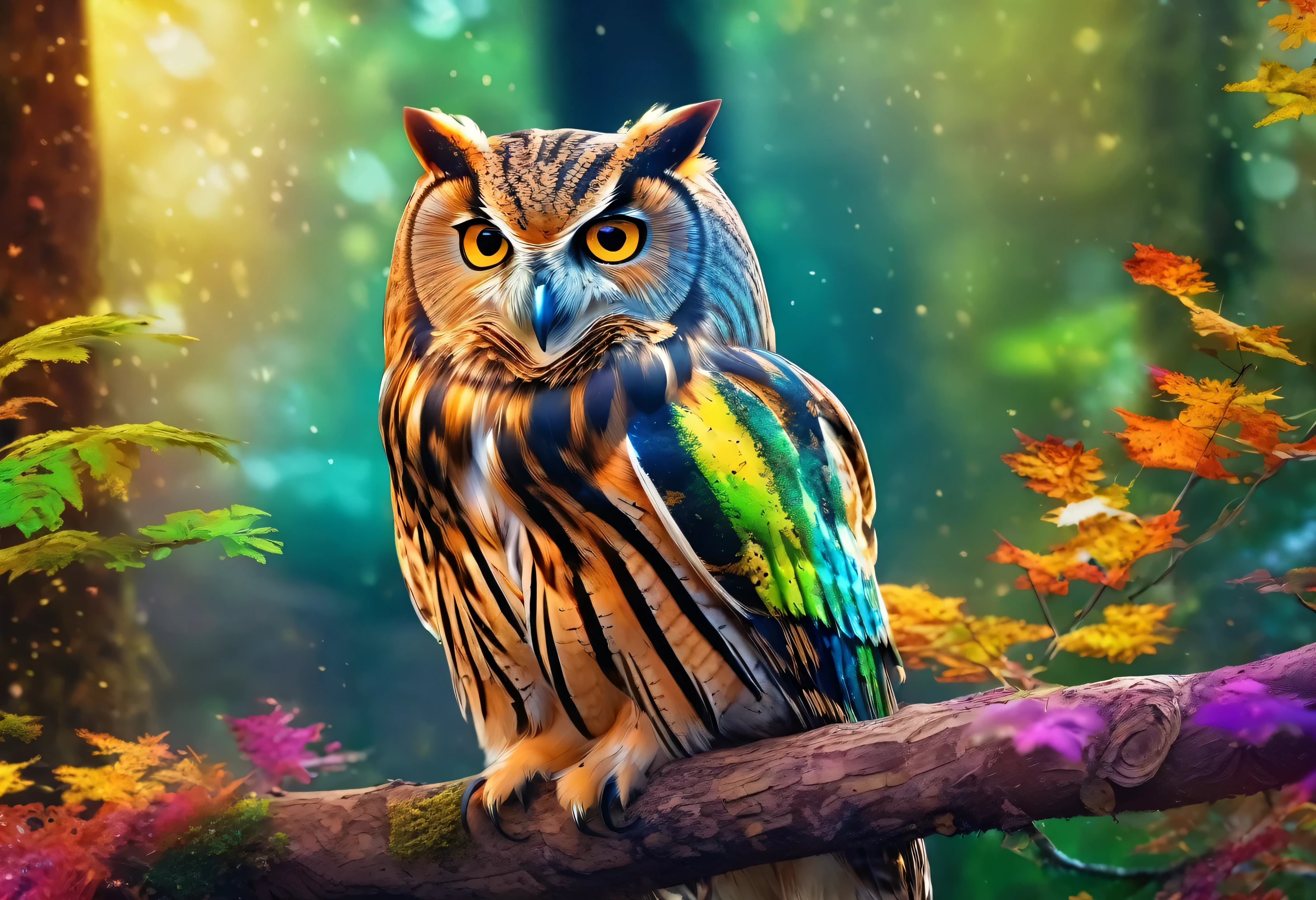 One beautiful owl, high resolution, high quality, master piece, cute photo, 8K, rainbow color, in the forest, realistic photos,