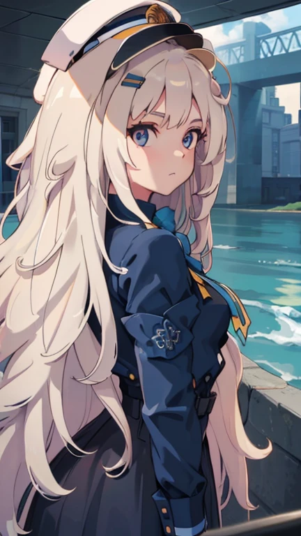 Beautiful 41 year old woman with long wavy blonde hair, y ojos azules como el oceano, con un largo vestido azul
