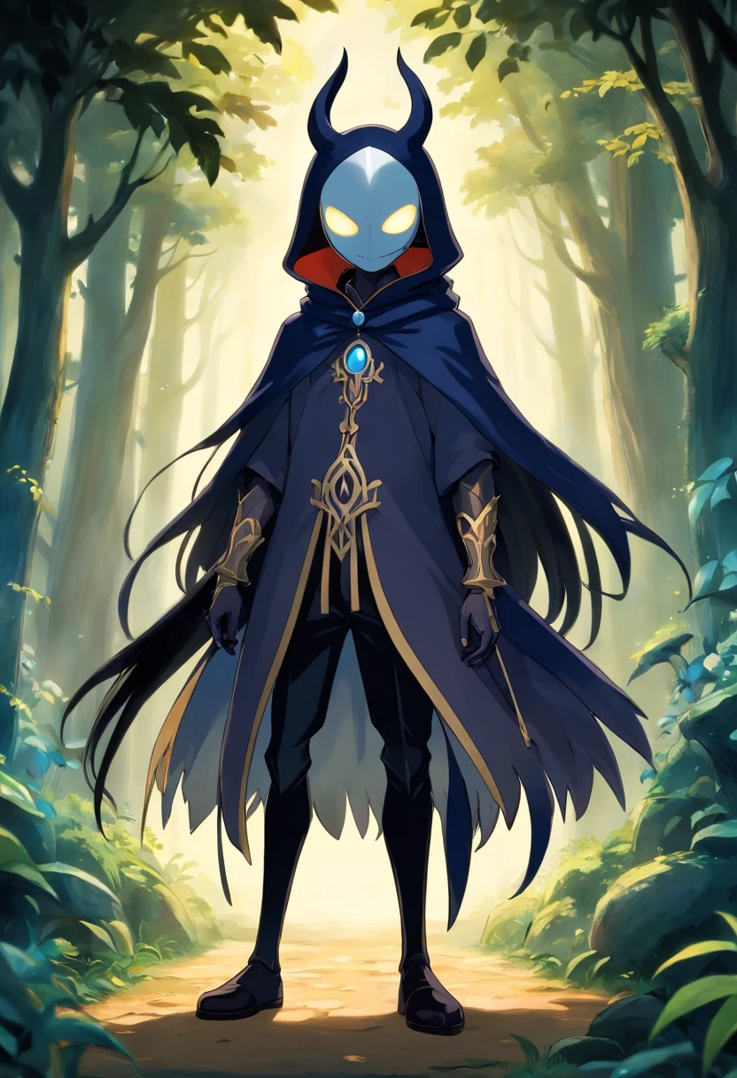 personagem masculino para o jogo 2d estilo hollow knight, cabelo preto com detalhes roxos, olhos roxos brilhantes, pele clara com marcas sombrias, Cabo feito de energia escura, wears a costume that mixes elements of hunting and shadow magic, luvas escuras e botas de couro . imagem corpo inteiro