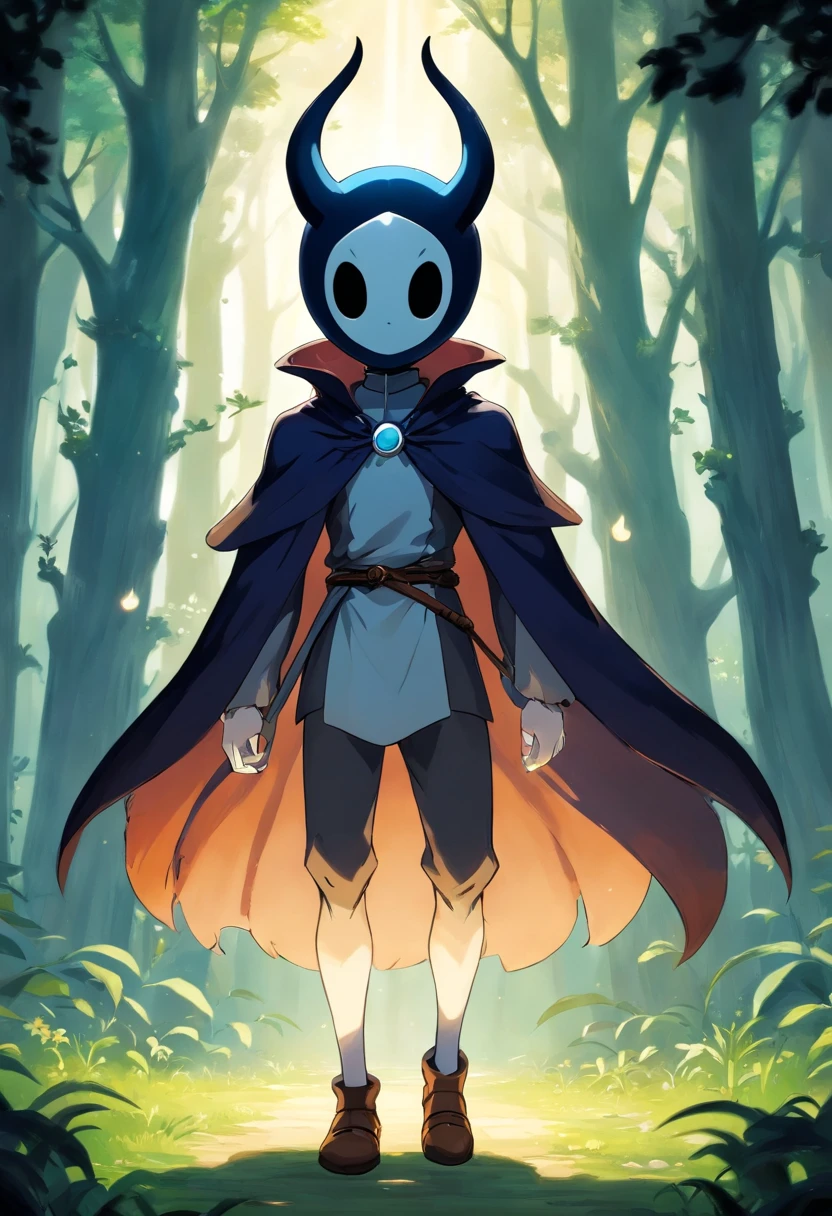 personagem masculino para o jogo 2d estilo hollow knight, cabelo preto com detalhes roxos, olhos roxos brilhantes, pele clara com marcas sombrias, Cabo feito de energia escura, wears a costume that mixes elements of hunting and shadow magic, luvas escuras e botas de couro . imagem corpo inteiro