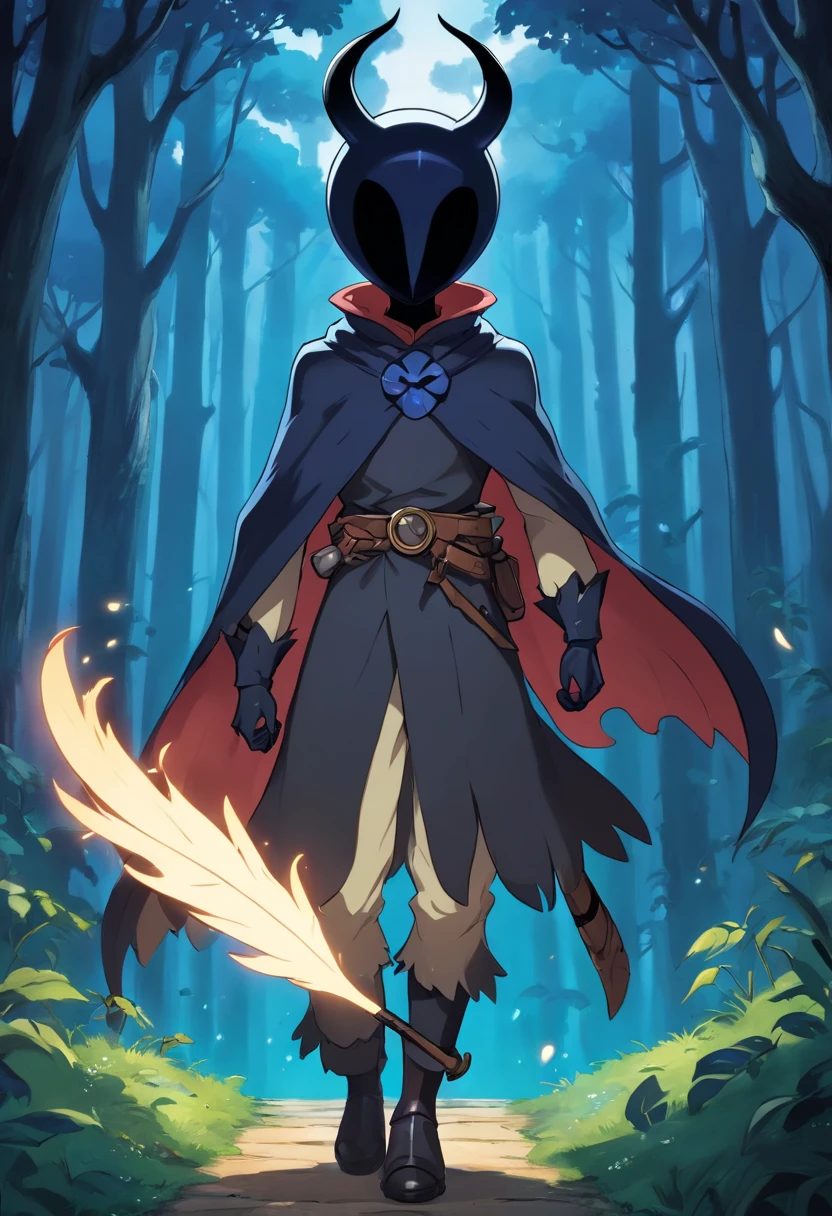 personagem masculino para o jogo 2d estilo hollow knight, cabelo preto com detalhes roxos, olhos roxos brilhantes, pele clara com marcas sombrias, Cabo feito de energia escura, wears a costume that mixes elements of hunting and shadow magic, luvas escuras e botas de couro . imagem corpo inteiro