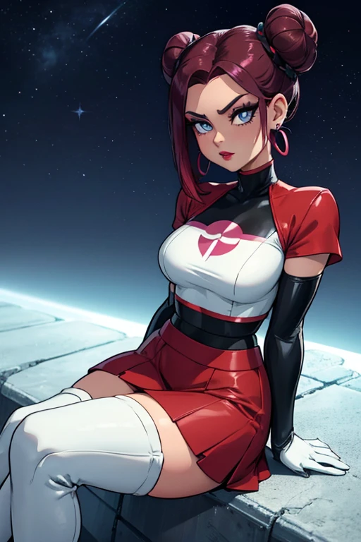 rosa pokemon, large side buns, blue eyes, brown ,earrings ,lipstick, eye shadow ,team rocket uniform, red letter R, white skirt,white crop top,black thigh-high boots, black elbow gloves, evil villianess look, looking down on viewer, sitting ,crossed legged, night sky background