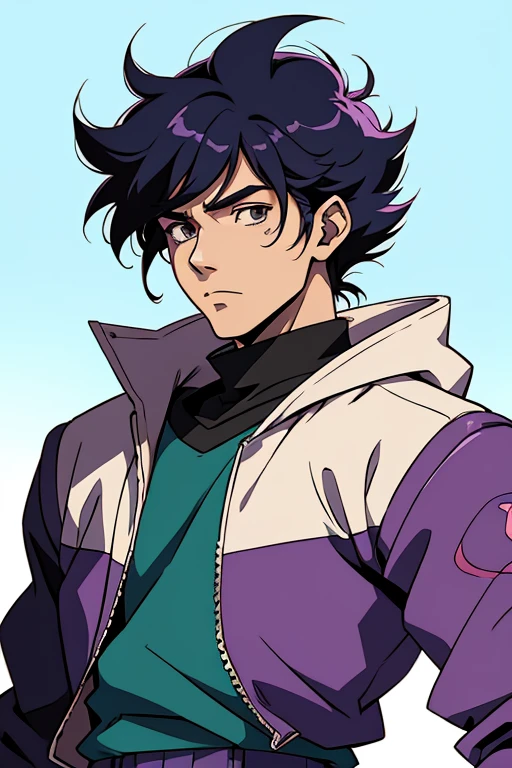 oc hombre de un anime de los 80, niebla anime de los 80, static like an 80's anime, 1980 \(estilo\),action anime, chaqueta negra, ropa por dentro camisa blanca, chico joven, pelo negro