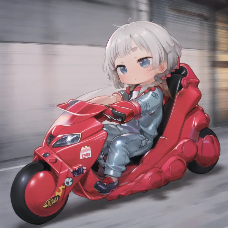 masterpiece,high quality, 1 girl,(serafuku:1.2),Sitting,Lean back;Put your foot forward, 10-year-old female,Thick eyebrows,Droopy eyes, Baby Face,Round face,Big round eyes,Braiding, Short pigtails, Blunt bangs,Gray Hair,Blue eyes,Very short stature,Very thin limbs,(((Blue Leather Jumpsuit))),kanedabike,Large scooter,Very low seat,Low vehicle height,One step ahead,