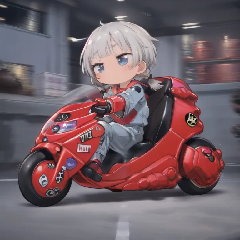 masterpiece,high quality, 1 girl,(serafuku:1.2)，Sitting，Lean back;Put your foot forward, 10-year-old female，Thick eyebrows，Droopy eyes, Baby Face，Round face，Big round eyes，Braiding, Short pigtails, Blunt bangs，Gray Hair，Blue eyes，Very short stature，Very thin limbs，(((Blue Leather Jumpsuit)))，kanedabike，Large scooter，Very low seat,Low vehicle height,One step ahead,