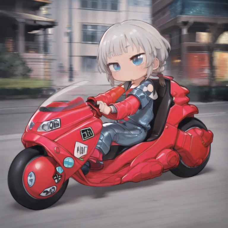 masterpiece,high quality, 1 girl,(serafuku:1.2)，Sitting，Lean back;Put your foot forward, 10-year-old female，Thick eyebrows，Droopy eyes, Baby Face，Round face，Big round eyes，Braiding, Short pigtails, Blunt bangs，Gray Hair，Blue eyes，Very short stature，Very thin limbs，(((Blue Leather Jumpsuit)))，kanedabike，Large scooter，Very low seat,Low vehicle height,One step ahead,