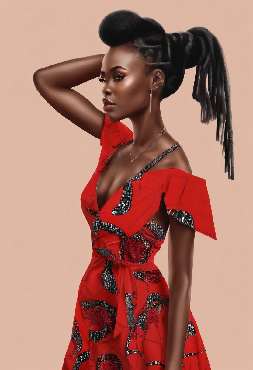 Beautiful woman Ebitimi wearing red dresig boobs))), (((cleavage))), vestido ornamentado vermelho, mulhee negra africana, mulher vermelha bonita, usando um vestido africano, beleza estonteante, mulher deslumbrante, Tema vermelho cabelo ondulado, mulher africana