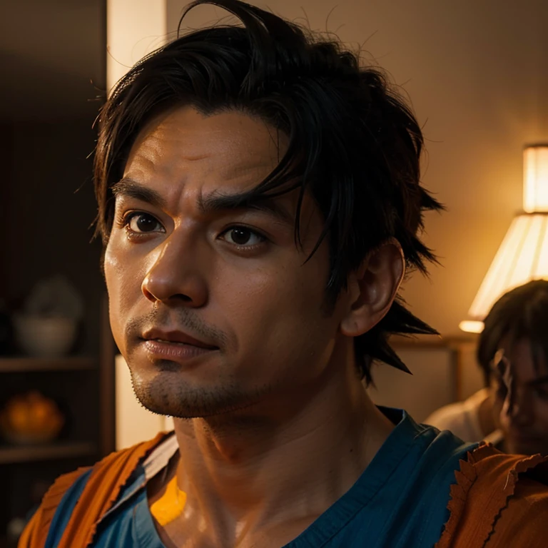 Goku acostado con enfoque a su cara realista