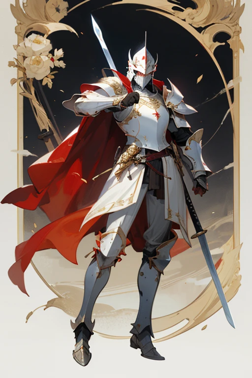 ((highest quality)), ((masterpiece)), (Familiar), One man,Fantasy,White Knight,Full Body Armor,Full-face helmet,White Armor,大sword,White Armor,Golden decoration,Red pattern,sword,Cape